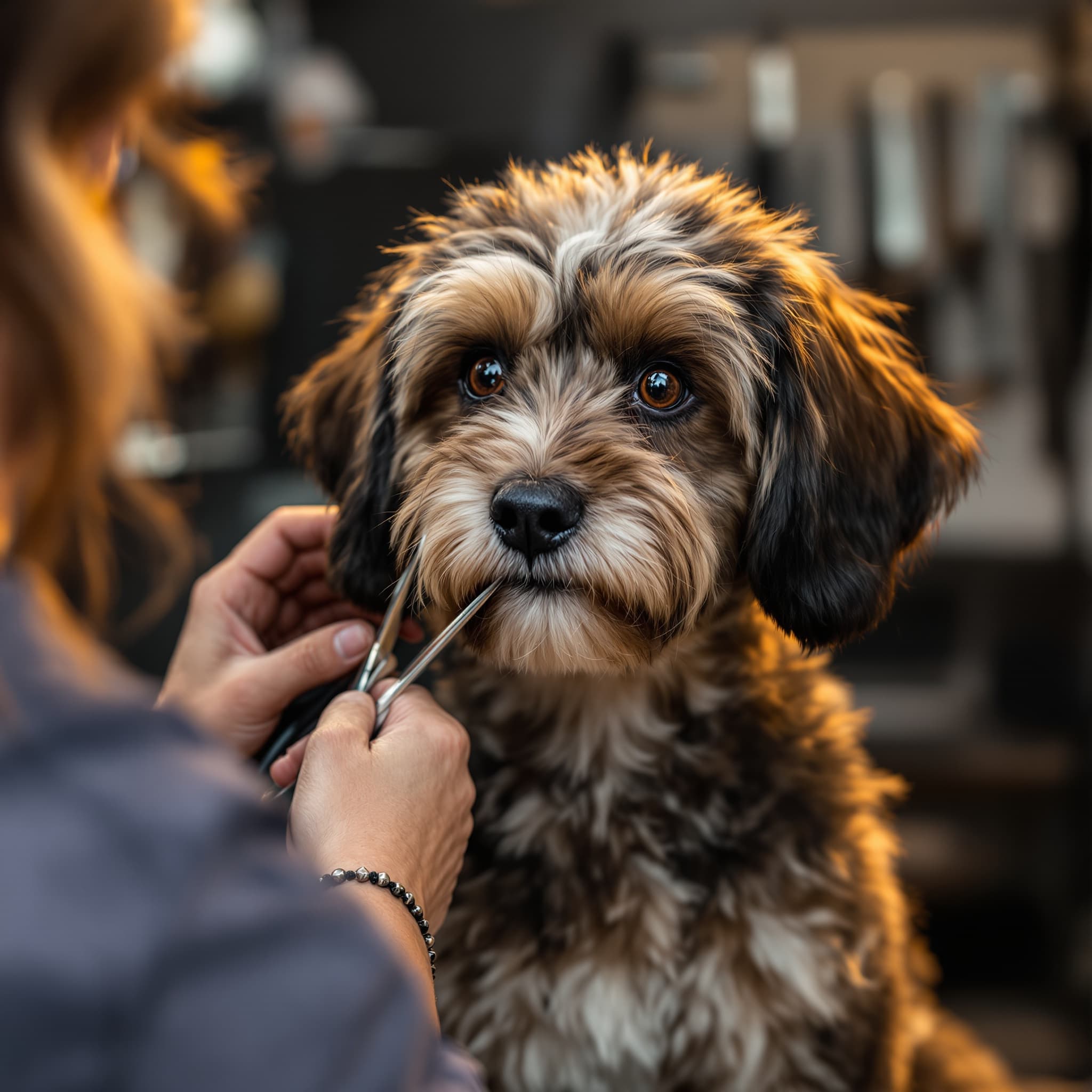 Groomer scissoring a cockapoo inside the mobile van
