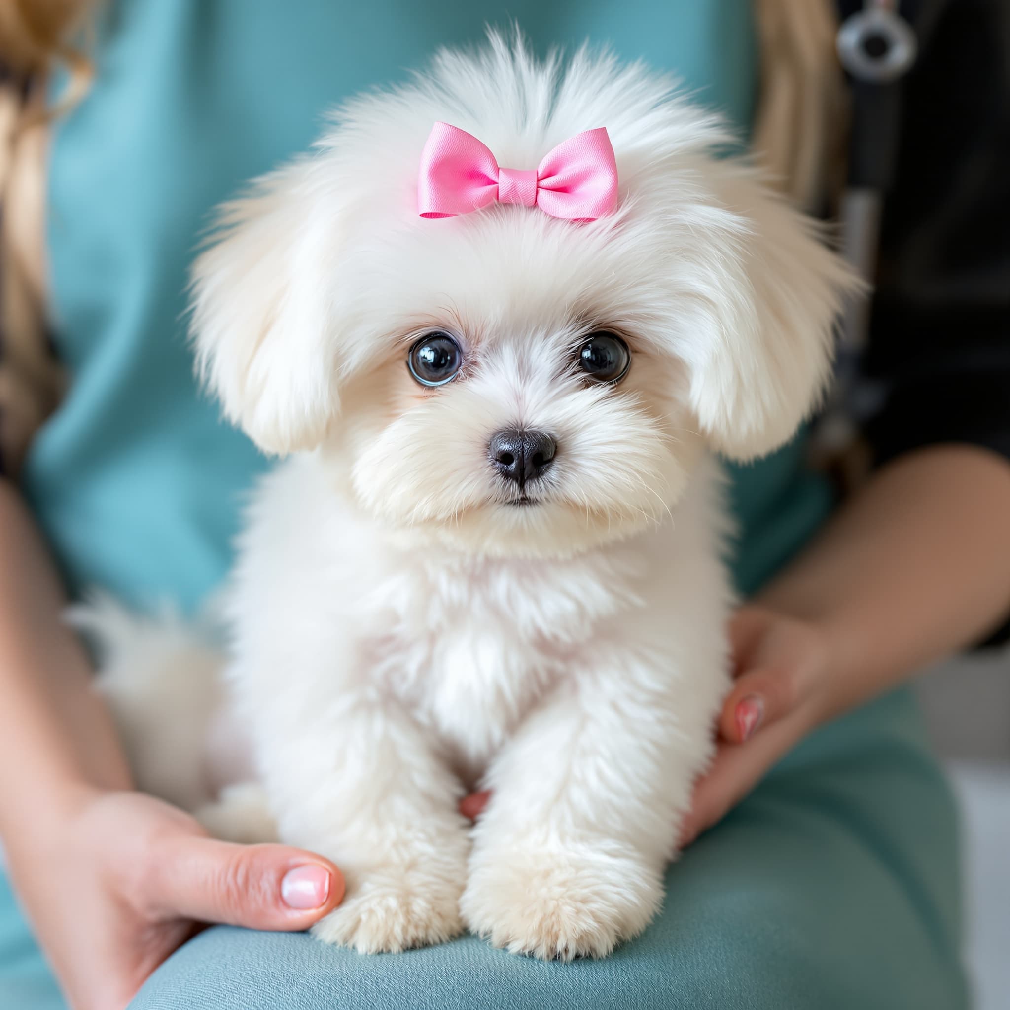 Tiny fluffy maltese puppy fresh from first groom with pink bow