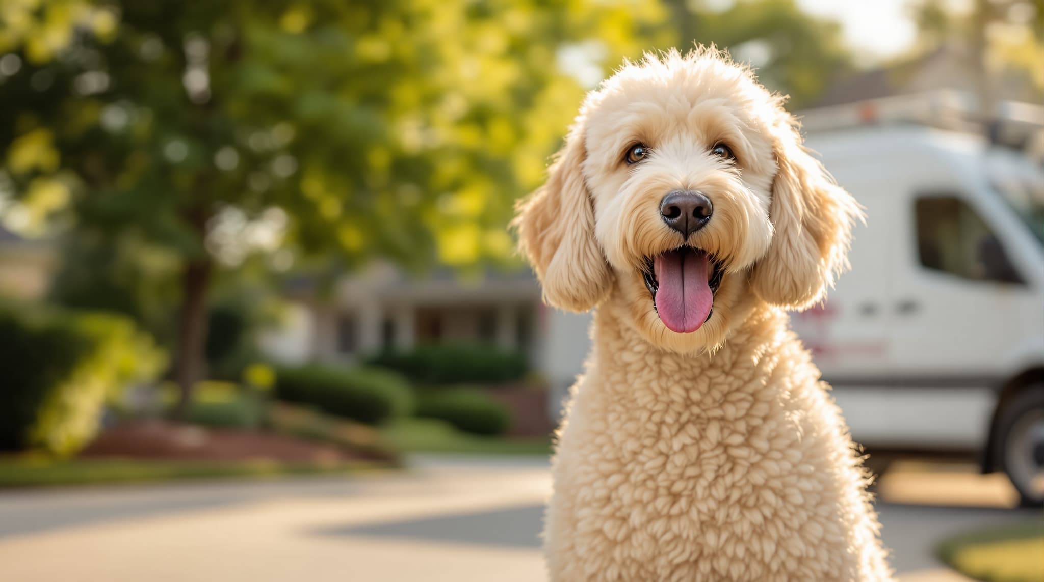 Freshly groomed labradoodle in driveway with mobile van