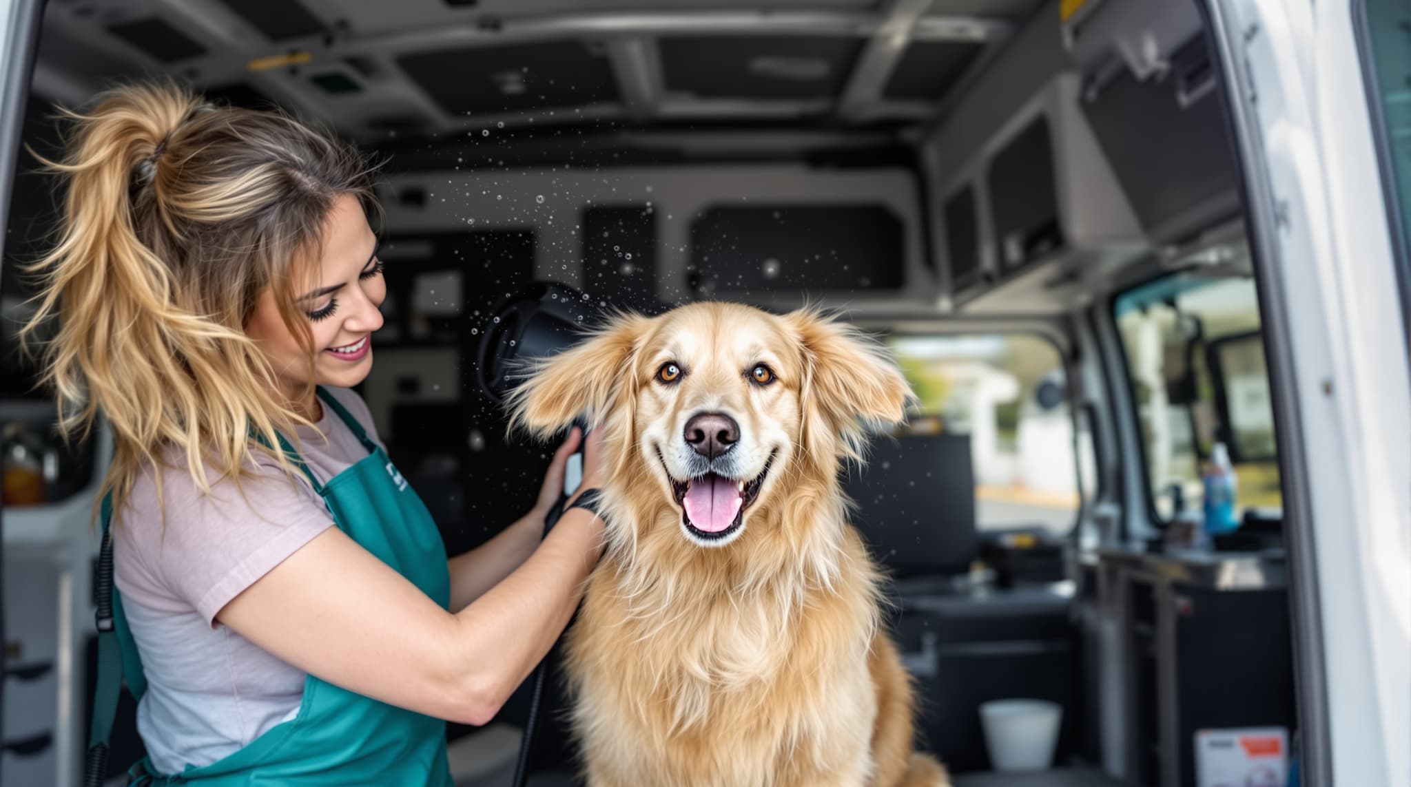 Professional dog groomer in teal apron blow-drying a happy golden retriever inside a mobile grooming van